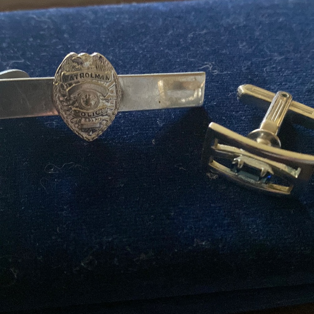 Patrolman Police Badge Tie Clip and Blue Sapphire Cuff Links set